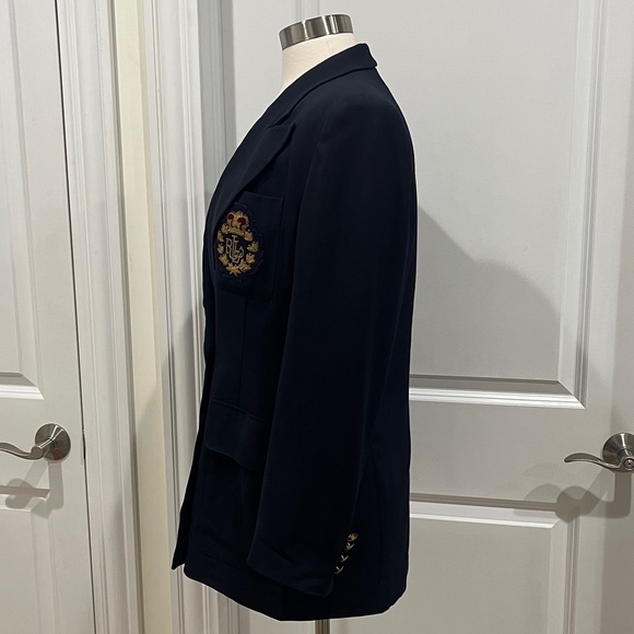 VTG Ralph Lauren Navy WOOL Blazer Embroidered Crest Patch Women's Size 6 Preppy - Picture 6 of 16